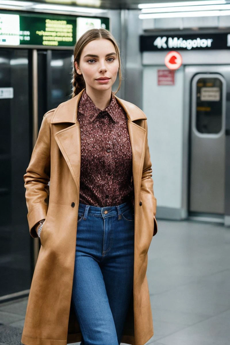 photo of S553_IrinaSivalnaya,a stunning woman,in a (subway station:1.1),wearing a (leather coat),(shirt),(jeans),(braid),(4k, RAW photo, best quality, 50mm, depth of field, ultra high res:1.1),(intricate, photorealistic, cinematic-shot, masterpiece, ultra-detailed:1.1),