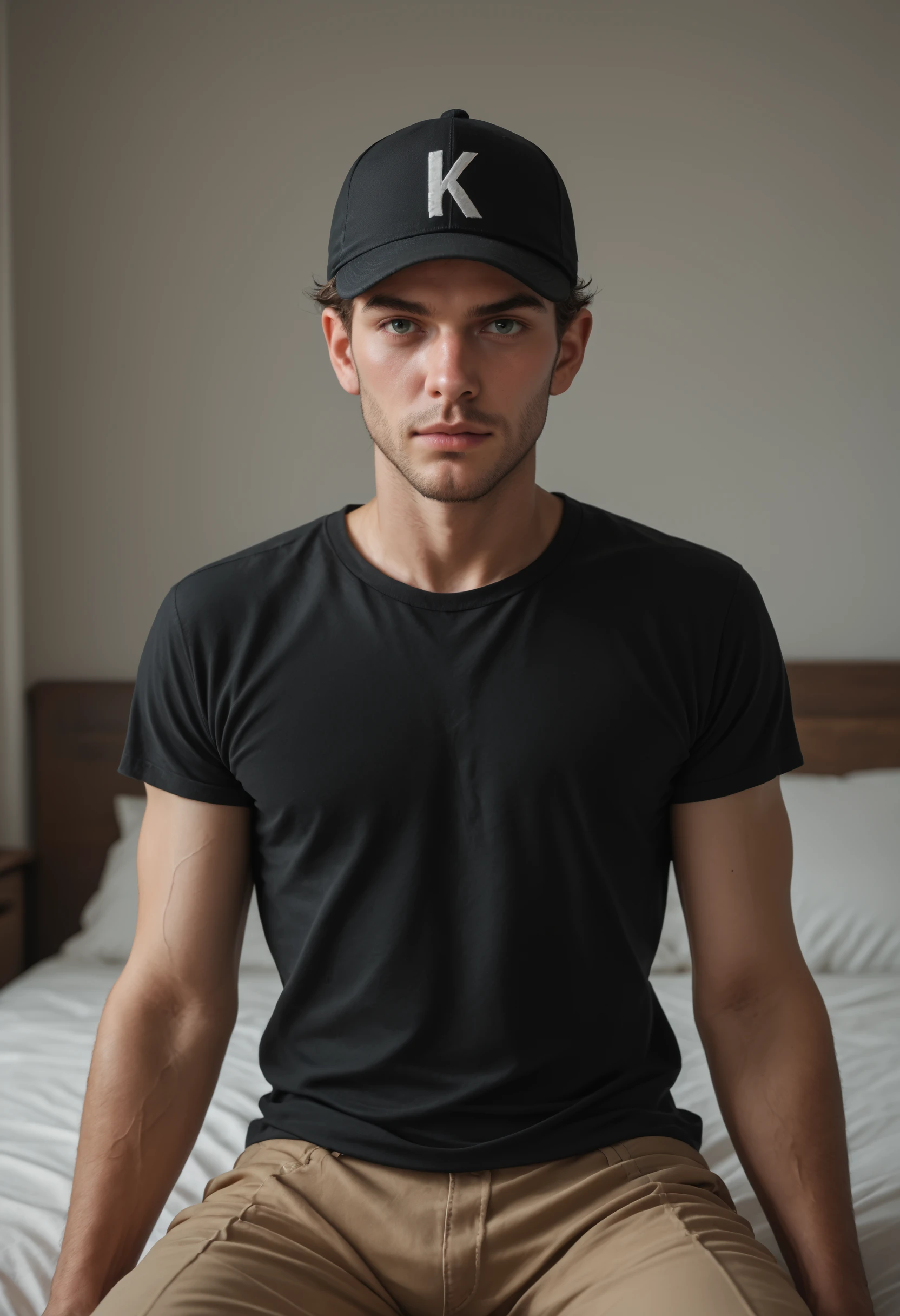 a man with a hat and a black shirt is posing for a picture in a bedroom with a white wall Score_PnyReal