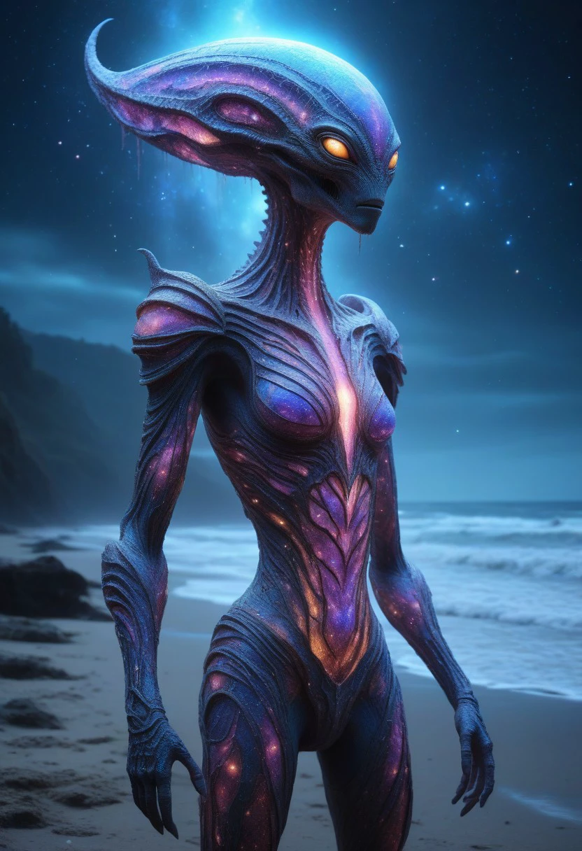 glowing galaxy cracks, elaborate alien creature, at the beach,