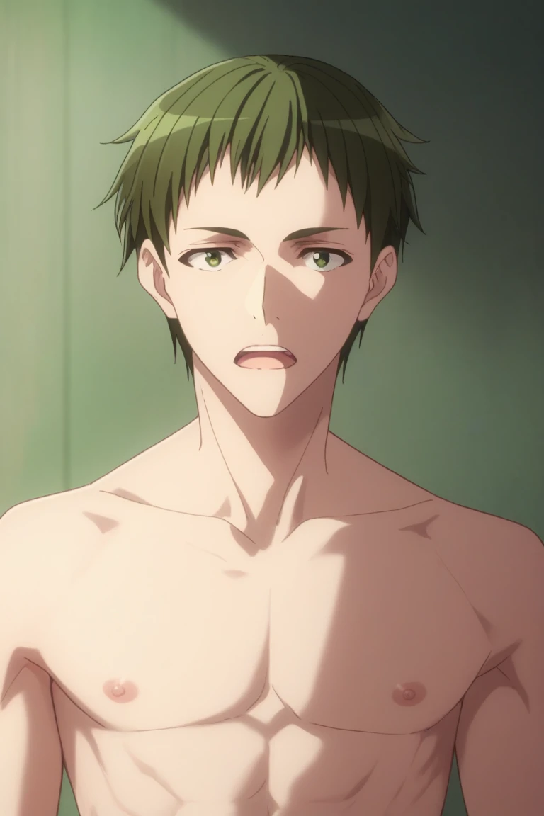 score_9,score_8_up, score_7_up, score_6_up,
ryuuji nojima, green hair, green eyes, 1boy, male focus, solo, upper body, open mouth, topless male, toned