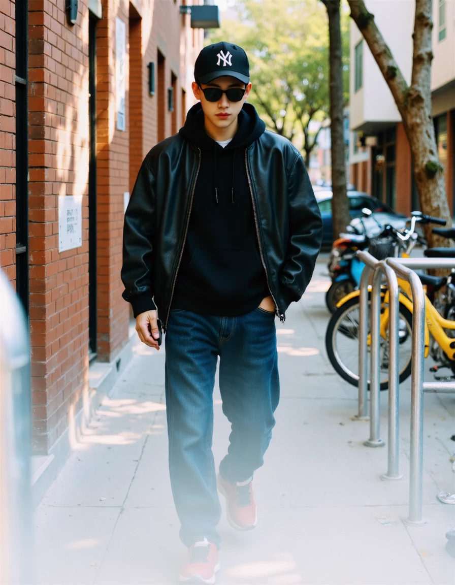 <lora:xiancheng_city_flux_v1_000001260:1.2>,xiancheng_city,This is a photograph of a young man walking along a narrow urban street. He is dressed in a casual, laid-back style, wearing a black leather bomber jacket over a black hoodie, and dark blue jeans. His shoes are a mix of red and white, possibly sneakers. He wears a black baseball cap with a white logo and large sunglasses. He holds a smartphone in his right hand, looking down at it. The background features a brick building on the left and a bicycle rack on the right, with a bright yellow rental bike parked in it. The street is paved with grey tiles and the sunlight casts a warm glow on the scene, suggesting it is late afternoon. The man's expression is neutral, and he appears to be absorbed in his phone. The overall aesthetic is casual and modern, with a touch of urban street style., <lora:flux-test-loraqkv:0.8>,5_xhs