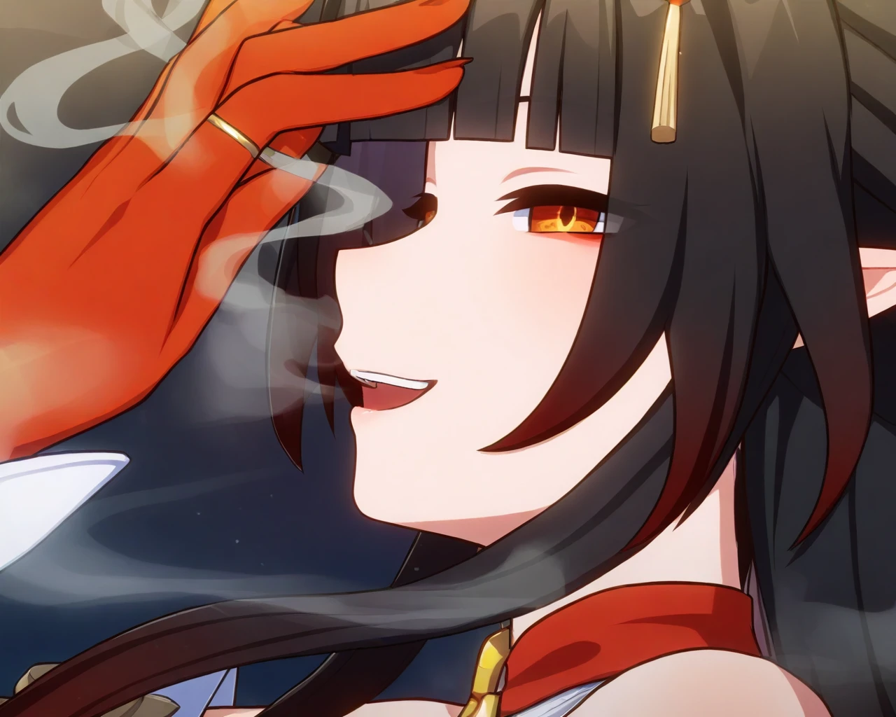 1girl, lingsha, red limbs, orange eyes, black hair, multicolored hair, long hair, bangs, pointy ears, chinese clothes,
smile, face focus, from side, open mouth, smoke,
 <lora:lingsha_reisa_illustrious_loraplus:0.9>, (masterpiece), best quality, amazing quality, very aesthetic, absurdres,