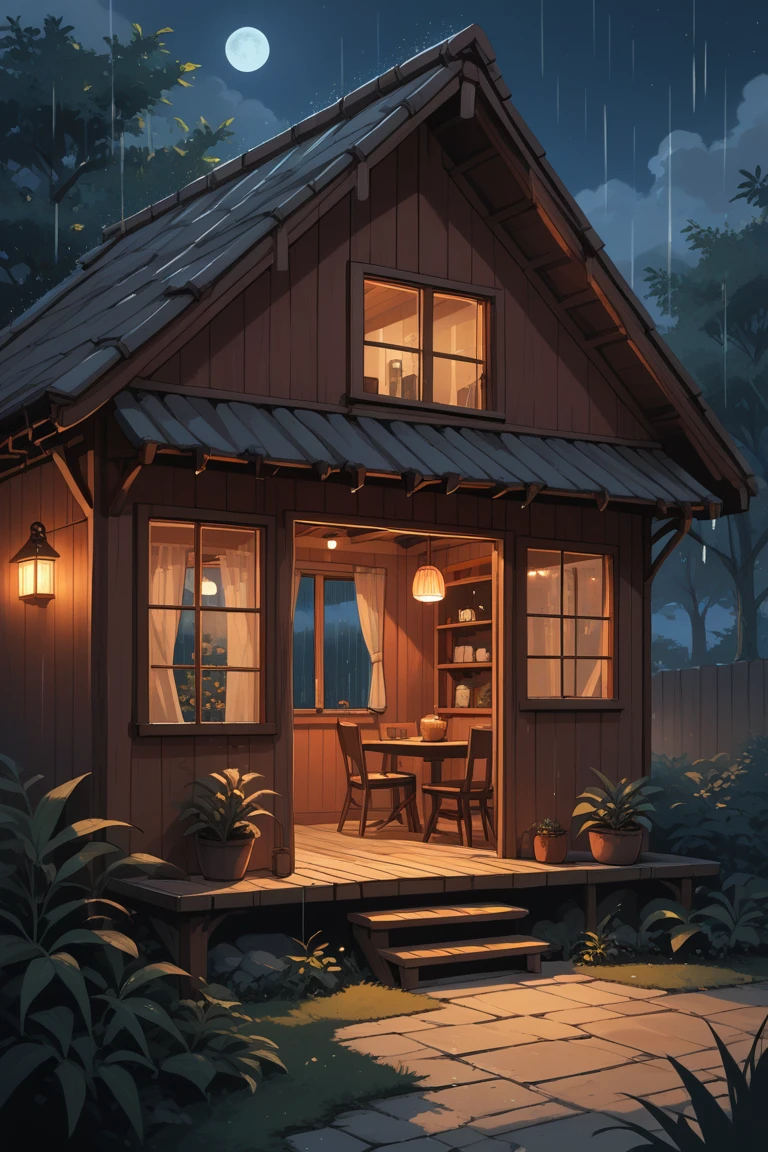 score_9, score_8_up, score_7_up, source_anime, rating_safe, night, raining, natural lighting, straw hut focus, hut_tree, hut_clutter, hut_plant, hut_table, hut_chair, hut_door, hut_window, intricately detailed illustration, Candihut, wide shot, negative space, outdoors-indoors, red theme, horror (theme)