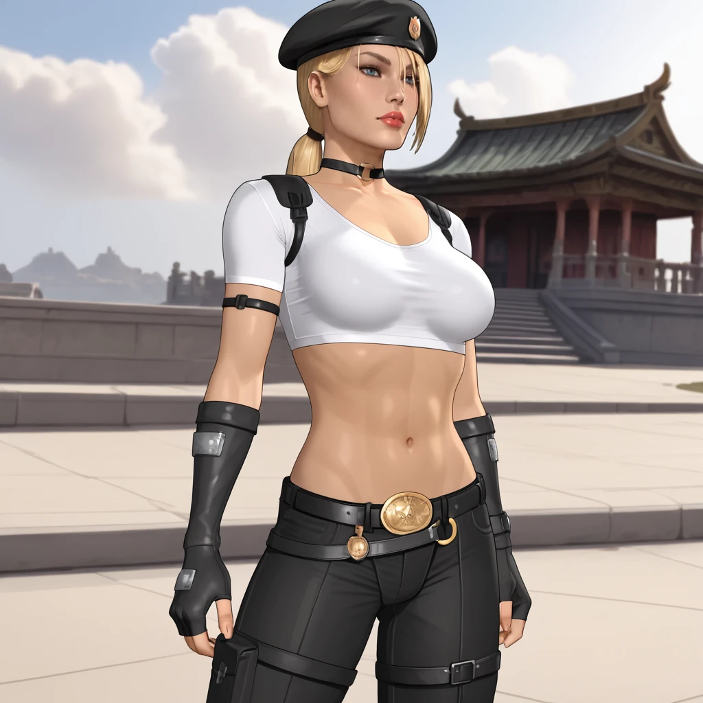 <lora:sonyablademkvsdc_pony_v1:.8>  SonyaBladeMKDC, 1girl, midriff, navel, crop top, elbow gloves, choker, hat, belt, blonde hair, medium breasts, white shirt, black pants, dark skin, lips, beret, ponytail, dark-skinned female, black headwear, cowboy shot