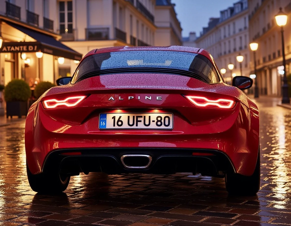 From a rear corner perspective, the Alpine A110 in fiery red stands out brilliantly on the rain-slicked Parisian street. The rich red paint gleams under the cityâs glowing cafÃ© lights, with reflections of warm amber and soft neon hues dancing across its sleek curves. Raindrops bead on the surface, tracing the flowing lines from the taillights along the muscular rear to the sharp, sculpted side. The carâs twin exhausts and rear spoiler hint at its performance pedigree, while the shimmering wet cobblestones beneath add depth to the scene. With the misty rain softening the lights of nearby cafÃ©s and lampposts, the Alpine A110's bold red presence adds a dash of passion to the romantic Parisian night.
It writes "16 UFU 80" on the license plate.
 <lora:uai_AlpineA110_v206:1>