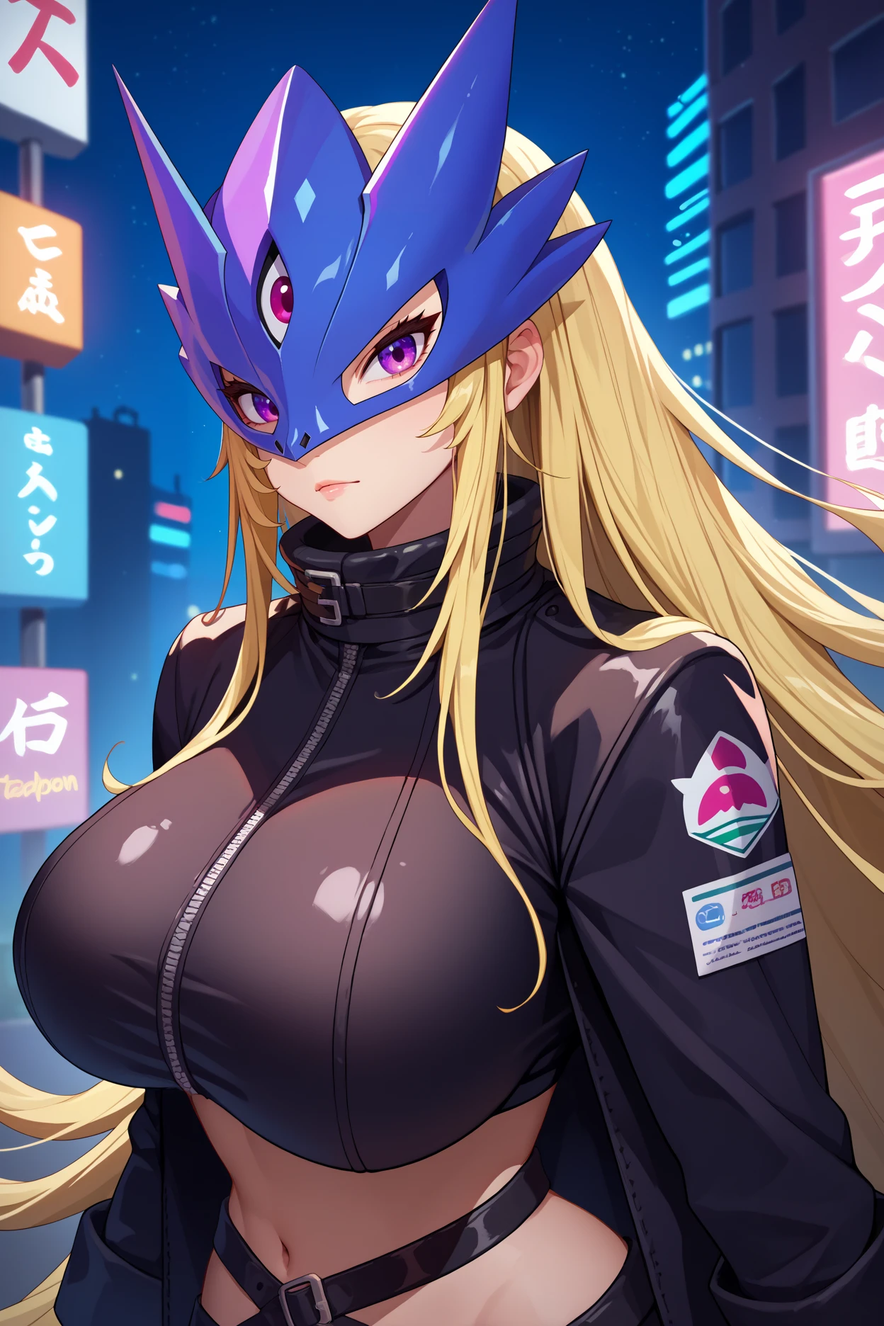 score_9, score_8_up, score_7_up, score_6_up, source_anime, 1girl, solo <lora:beelstarmon-pdxl-nvwls-v1-000005:1> beelstarmon, blonde hair, very long hair, mask, purple eyes, black jacket, turtleneck, midriff, long sleeves, black belts, black gloves, huge breasts, looking at you, upper body, portrait, neon signs, city, night