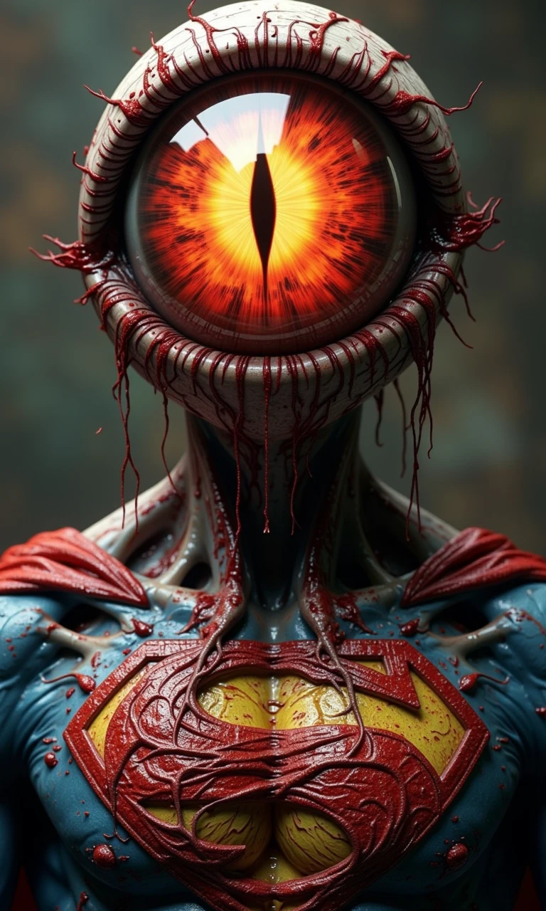 (masterpiece, best quality, very fine CG, intricate details: 1.2),Zombie Superman has a huge glowing, blood-red eyeball growing from his chest, and inside the eyeball is written this 'S'