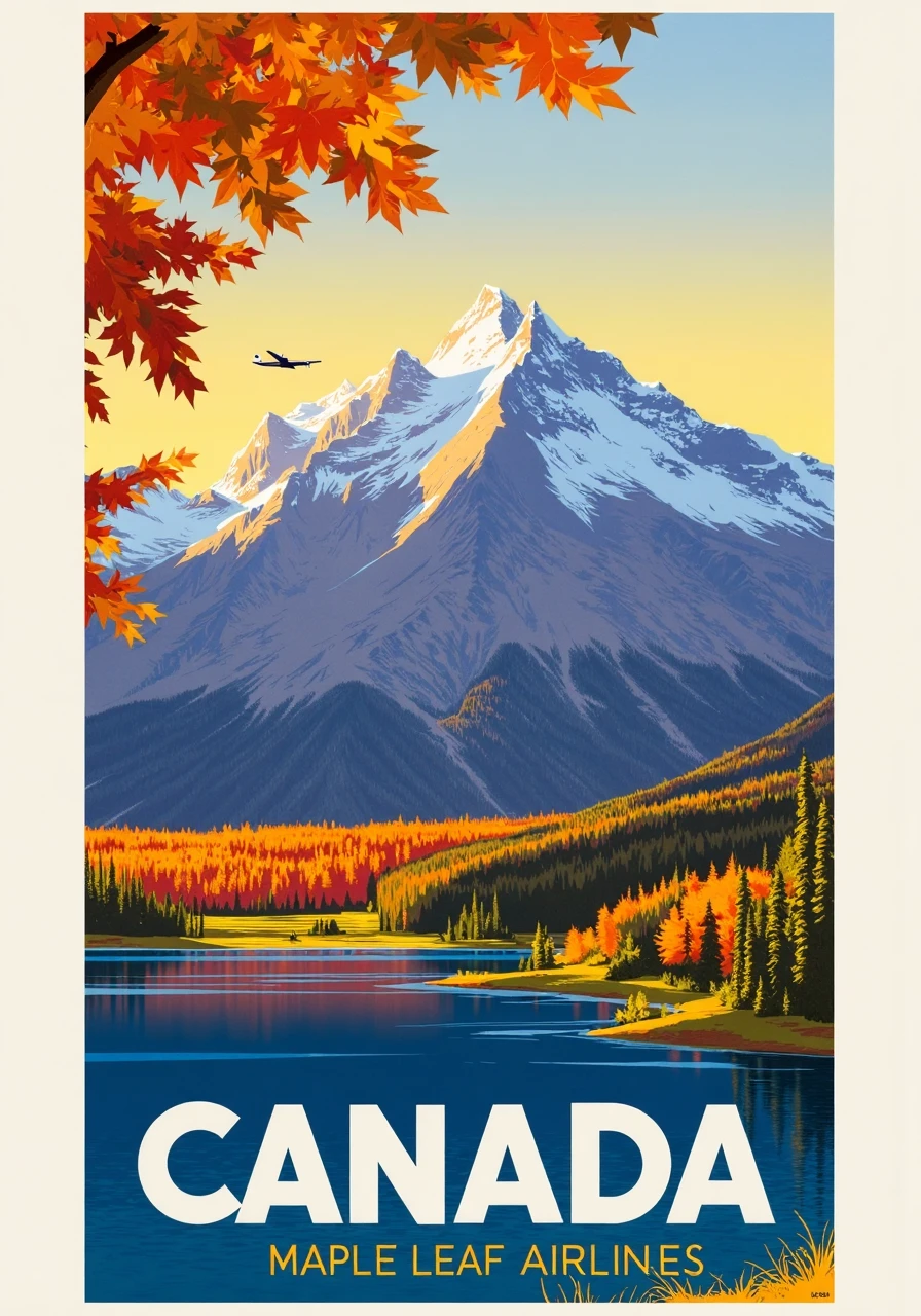 A stunning travel poster for Canada, featuring Maple Leaf Airlines. The scene depicts the majestic Rocky Mountains with colorful autumn leaves and a tranquil lake, alongside a soaring aircraft.