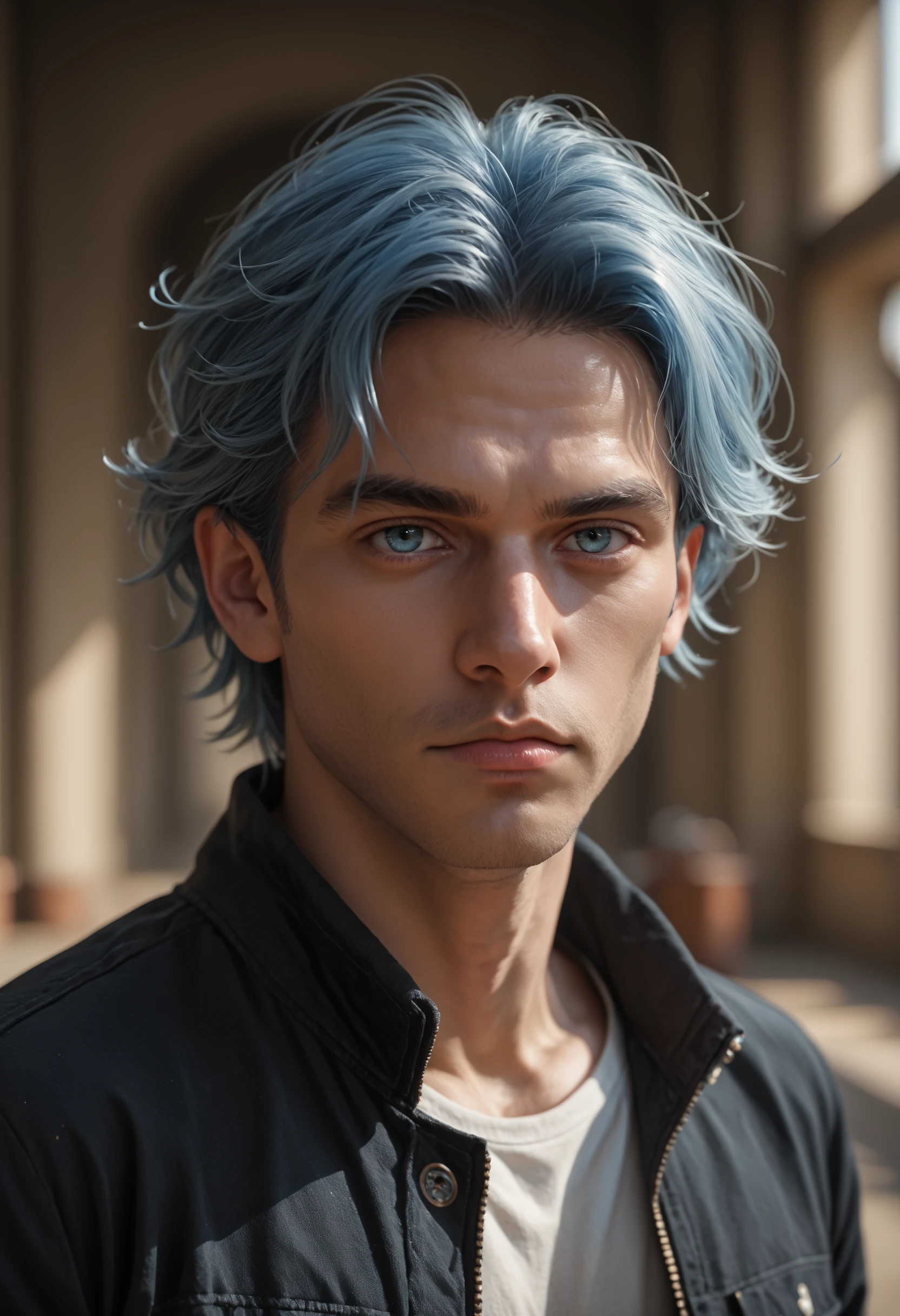 1boy, male focus, solo, blue hair, closed mouth, depth of field, face, lips, looking at viewer, male focus, nose, portrait, white hair, black jacket, Score_PnyReal