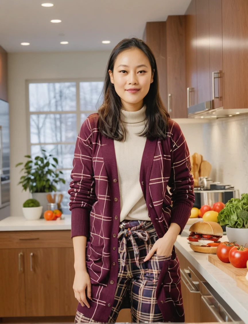 a professional sharp focus absurdres intricately detailed photograph of a beautiful Noémie_Nakai,
standing in a luxurious modern kitchen and making a PB&J sandwich, 
wearing plaid pants with a long knit cardigan sweater over a turtleneck long-sleeved shirt,
 <lora:Noémie_Nakai-SDXLe15:1>