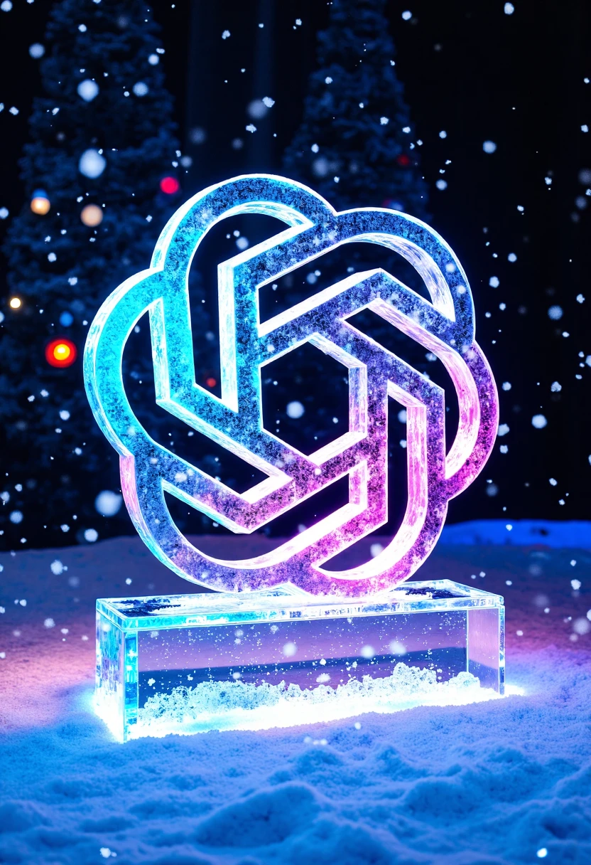 Ice sculpture of the OpenAi logo in a winter wonderland, glowing with colorful lights, snowflakes falling gently.