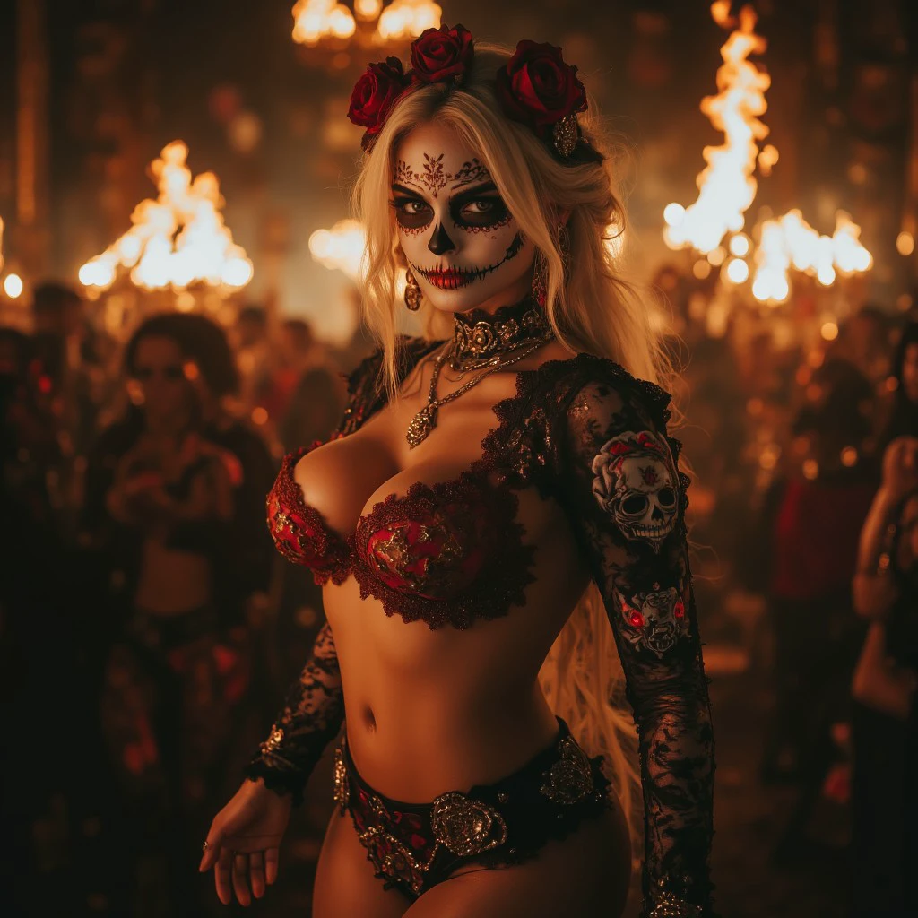 Santa Muerte stands in a dimly lit, sacred shrine, her long, flowing black and red robes draped sensually over her voluptuous figure. The intricate lace of her dress clings to her curves, revealing glimpses of her smooth, ethereal skin beneath. A delicate crown of roses and skulls adorns her head, while the soft flicker of candlelight casts eerie shadows across her skeletal face, accentuating the seductive, mysterious beauty of death. Her hips sway slowly as she moves, her hands outstretched in a graceful, inviting pose. The soft glow of the candles reflects off the gold and silver jewelry adorning her body, enhancing the dangerous allure she radiates, a perfect blend of death and irresistible temptation.