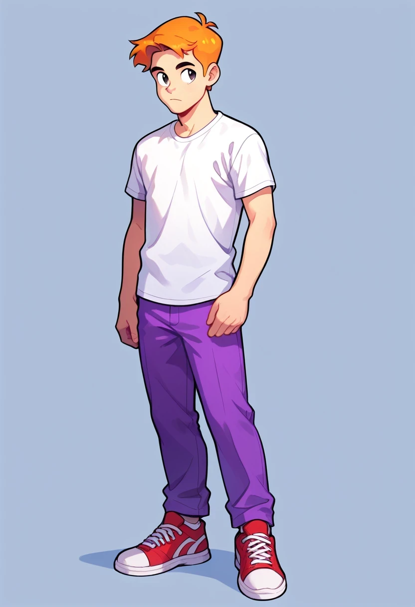 haroldo, shirt, blonde hair, 1boy, white shirt, male focus, shorts, shoes, pants, orange hair, black eyes, sneakers, red shoes, style parody, standing, purple pants