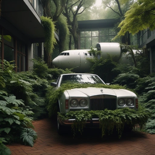 biophilic building nestled in a lush, The image is a high-resolution photograph of a modern, and her skin has a soft, white airplane partially buried in lush, floor, with a prominent chrome grille and round headlights. The car's body is covered in a lush, form-fitting dress made entirely of greenery, styled as a lush, misty forest scene