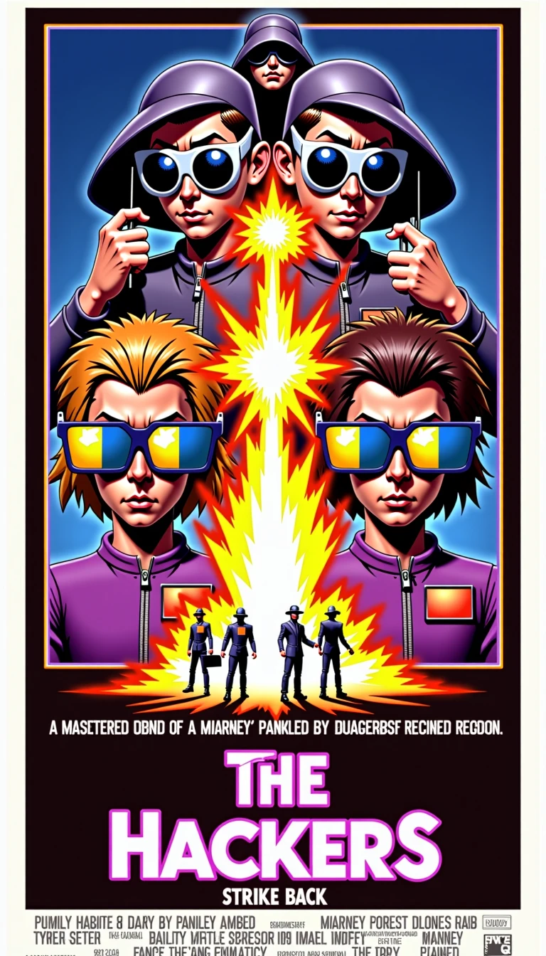 <lora:EverlyHeightCoverArtFLUX:1> "The Hackers Strike Back A parody of "Hackers" featuring over-the-top techno gear pixelated explosions and characters in reflective sunglasses.