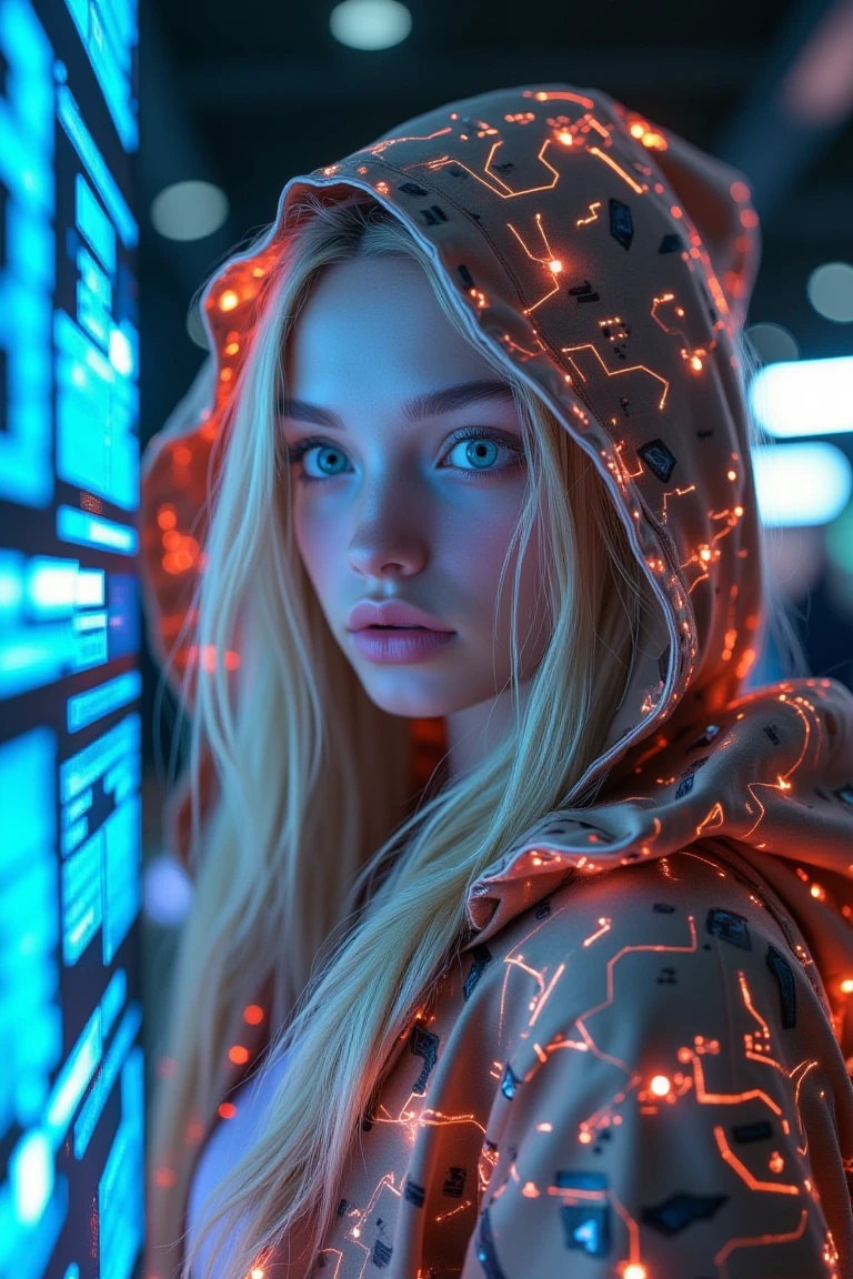 This is a highly detailed, photorealistic CGI illustration featuring a young woman with pale, porcelain skin and long, wavy, platinum blonde hair. She is wearing a hooded, light brown jacket adorned with intricate, glowing neon circuitry patterns that appear to be integrated into the fabric, giving it a futuristic, cyberpunk aesthetic. Her striking blue eyes are wide and alert, gazing intently at a screen or display in the background.