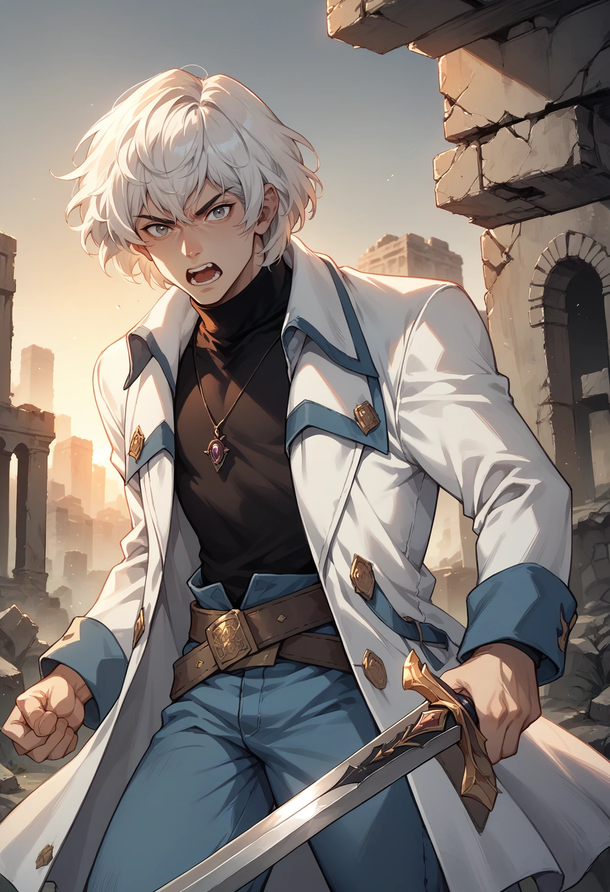 score_9, score_8_up, score_7_up, 1boy, shouting, holding sword, looking at viewer, <lora:SomaCV-pdxl:1> soma, white hair, short hair, grey eyes, white coat, open coat, long sleeves, black turtleneck, necklace, brown belt, blue pants, ruins, sunset