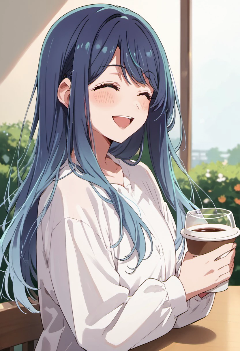 score_9, score_8_up, score_7_up, source_anime, kurokawa akane, blue hair, long hair, blue green eyes, 1girl, solo, closed eyes, smile, blush, open mouth, cup, holding, holding cup, white shirt