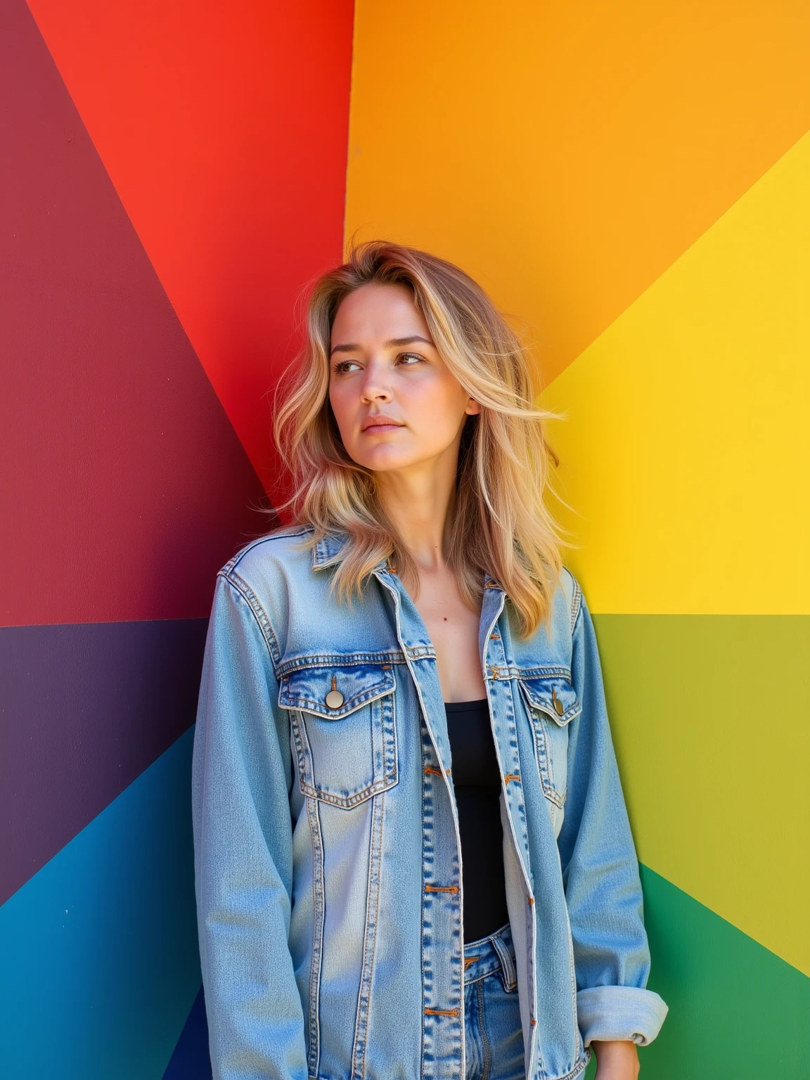 this is virginieefira.
The image is a high-resolution photograph of virgef, a woman standing against a plain gradient textured wall background that transitions from deep red at the top to a bright yellow at the bottom, with a hint of blue and green in the middle left and right. The subject, a woman with light skin and shoulder-length, wavy blonde hair, is captured in a casual, relaxed pose. Her hair is blowing slightly, giving a sense of movement. She has a slender build and is wearing a light blue, worn denim jacket with a slightly open collar, revealing a glimpse of a black top beneath. The jacket appears slightly oversized, fitting loosely on her shoulders. Her facial expression is neutral, with a slight tilt of her head to the right, and her eyes are gazing off-camera with a thoughtful, almost contemplative look.
 <lora:Virginie-Efira_flux1D_LOREVER:1>