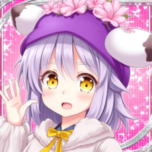 yellow ribbon, purple headwear, yellow eyes, hibiscus, magical girl, sweat, sweater, cow ears, habit