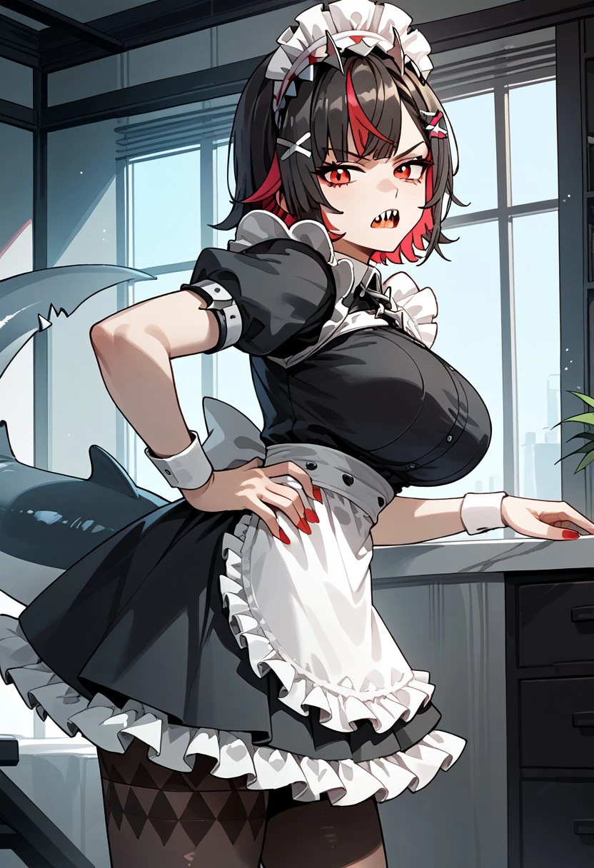 score_9,score_8_up,score_7_up,source_anime,ELLEN_JOE,1girl,solo,breasts,open mouth,large breasts,hair ornament,dress,short sleeves,pantyhose,frills,teeth,virtual youtuber,puffy sleeves,nail polish,black dress,streaked hair,from side,apron,puffy short sleeves,black pantyhose,wrist cuffs,hand on own hip,maid,maid headdress,leaning forward,frilled dress,sharp teeth,x hair ornament,red nails,anger vein,maid apron,fins,shark tail,shark girl,