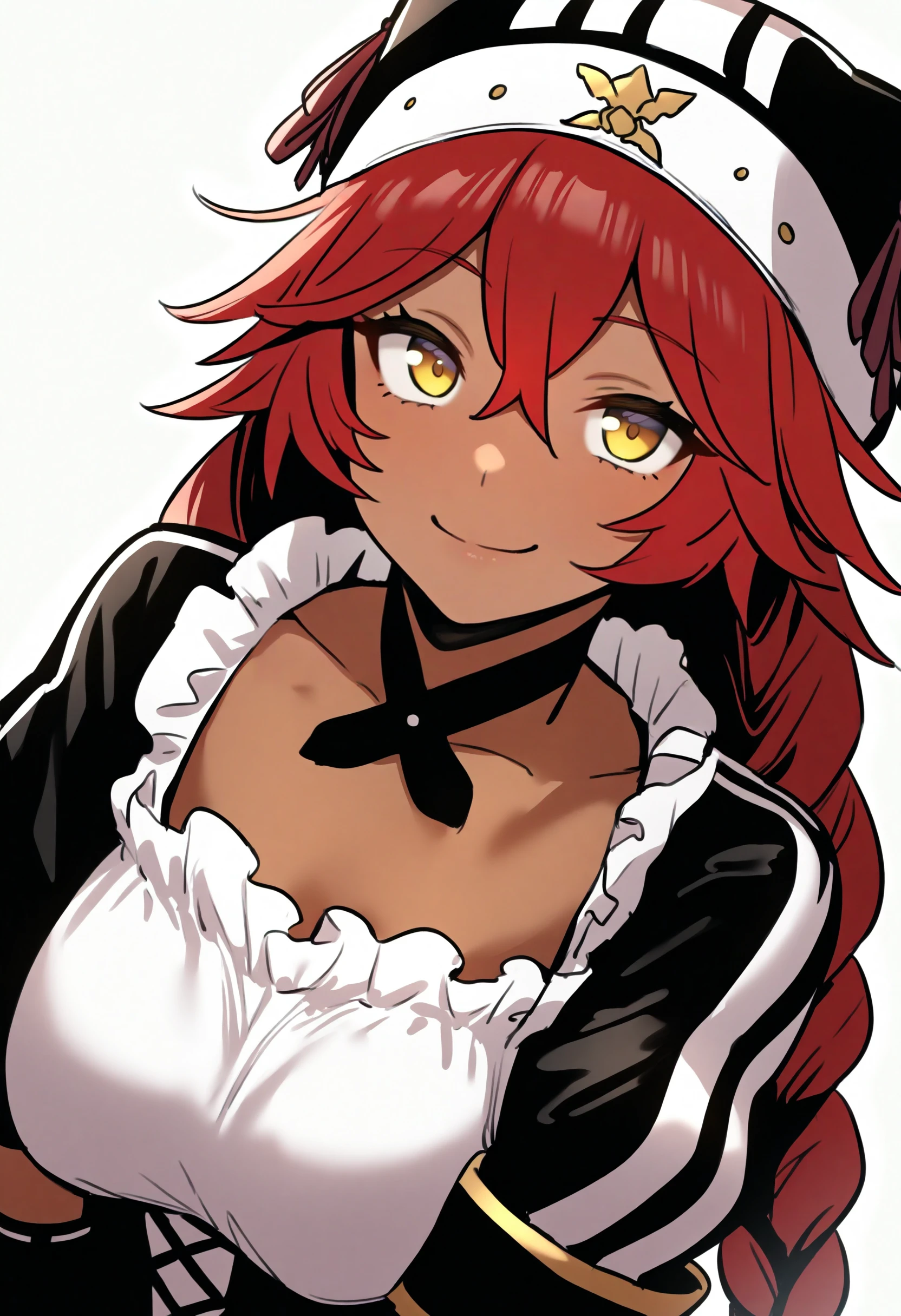 best quality, amazing quality, very aesthetic, absurdres,
1girl, lupusregina, red hair, long hair, twin braids, yellow eyes, dark skin, choker, dress, hat, maid,
upper body, smile, looking at viewer, solo, simple background, white background   <lora:LupusReginaIllustriousXL_byKonan:1>