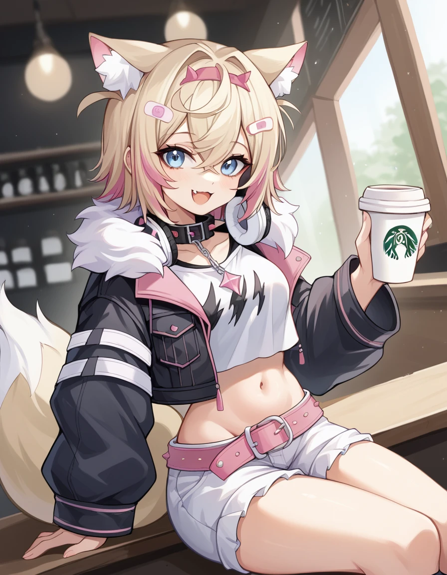 score_9, score_8_up, score_7_up, source_anime, <lora:mococo-abyssgard-ponyxl-lora-nochekaiser:1>, mococo abyssgard, animal ear fluff, animal ears, blonde hair, bandaid, bandaid hair ornament, blue eyes, dog ears, dog girl, dog tail, double-parted bangs, pink hairband, fake horns, fangs, hair between eyes, hairband, hairclip, horns, short hair, medium breasts, multicolored hair, pink hair, streaked hair, crossed bangs, x hair ornament, black collar, black jacket, pink belt, brown kneehighs, collar, fur-trimmed jacket, fur trim, jacket, long sleeves, spiked collar, spikes, headphones, headphone around neck, crop top, cropped jacket, cropped shirt, navel, stomach, midriff, shorts, white shorts,, cafe, coffee cup, barista, sitting down, talking, relaxing, sunlight through window, smile, looking at viewer, from side, solo,, cowboy shot, dutch angle