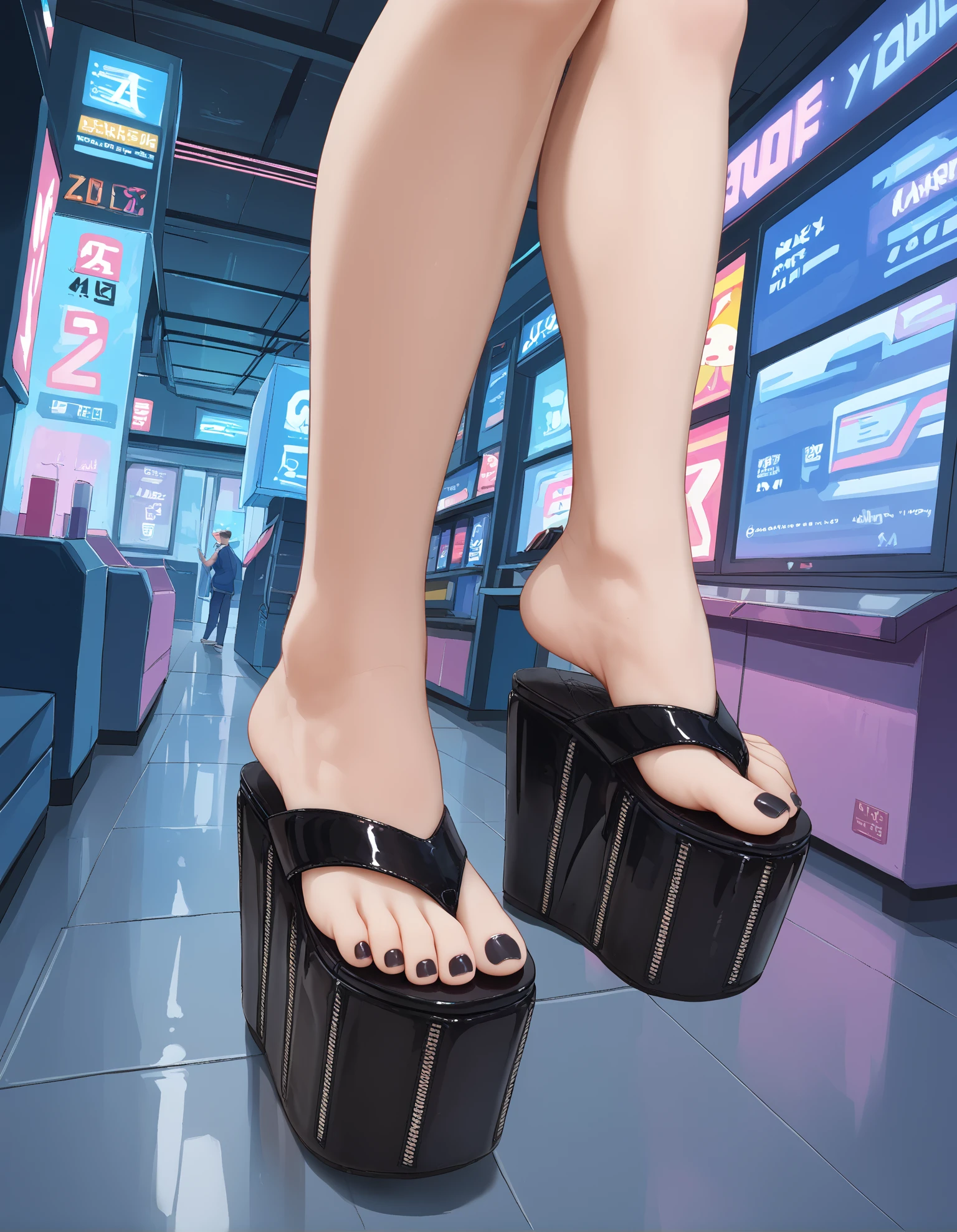 score_9, score_8_up, score_7_up, score_6_up, score_5_up, score_4_up, source_anime,
1girl, foot focus, (from side:0.6), (from above:0.6), 
black toenail polish, (tiptoe:1.2),
cyberpunk arcade,
(z1p1t platform flip flops), 
embedding:zPDXL2 ,