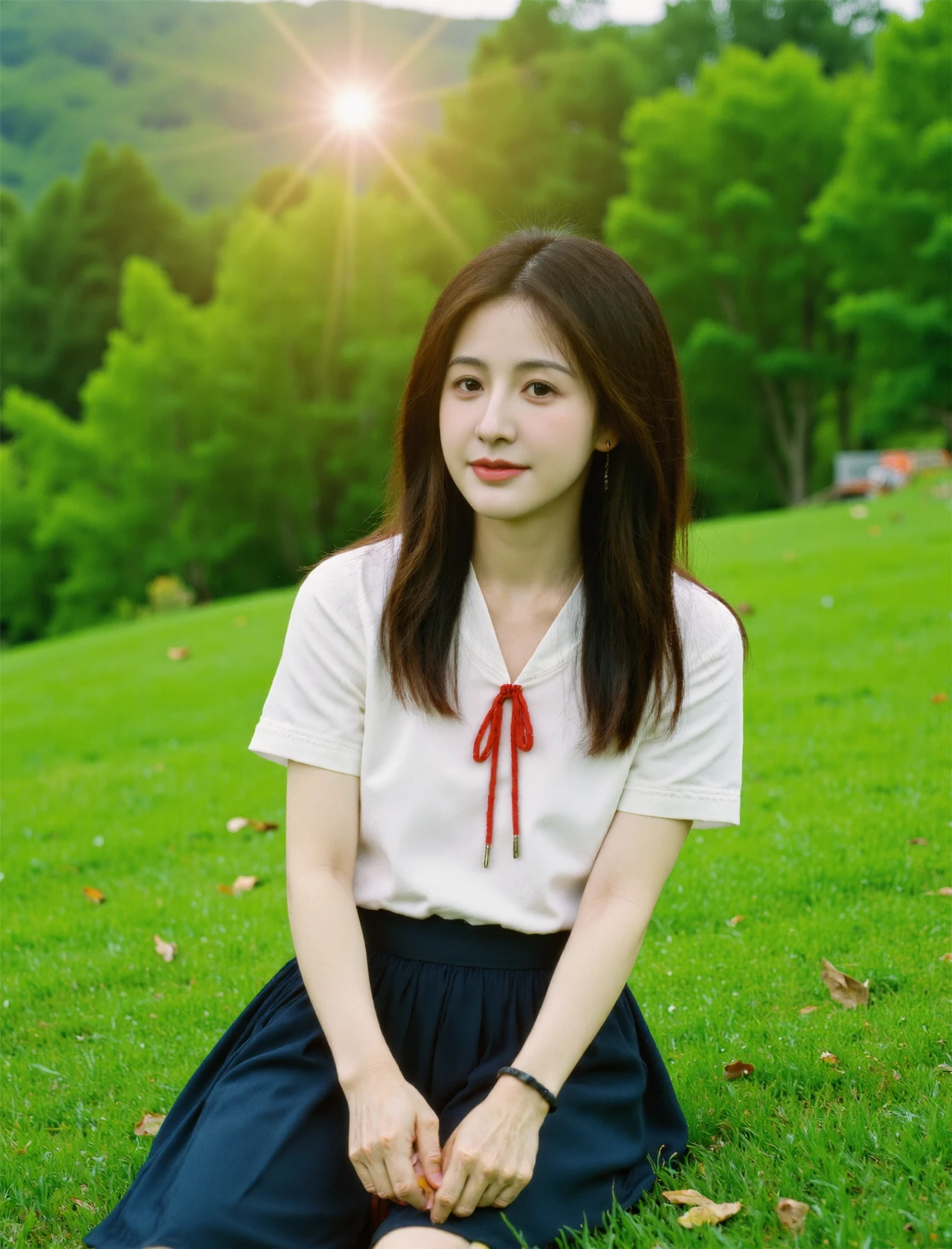 <lora:F.1 Asian Girläºæ´²äººå_v1.0:1.2> ,Asian Girl, <lora:xiancheng_city_flux_v1:1.2>,xiancheng_city,The photograph captures a young woman sitting on a lush green grassy lawn in a park, with a forest in the background. She is of East Asian descent, with a fair complexion and long, straight dark hair with bangs. Her attire is a traditional Japanese school uniform, featuring a white short-sleeved blouse with a red bow at the neck and a navy blue pleated skirt. She carries a black shoulder bag. Her expression is calm and gentle, with a slight smile. The setting sun creates a soft, warm glow, casting long shadows and enhancing the vivid greenery of the park. The photograph is sharp and detailed, with a natural color palette that highlights the serene and peaceful ambiance. The womanâs posture is relaxed, with her hands resting on her lap, adding a sense of tranquility to the scene.