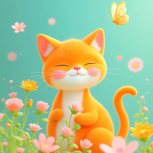 In a whimsical, vibrant scene, an orange and white cat with closed eyes and a soft smile holds delicate flowers near its face. A butterfly hovers above, its wings frozen mid-flutter, casting a gentle shadow on the cat's fur. The background is a serene blend of soft blue, tinged with gradients of green and orange, evoking a dreamy atmosphere. The lighting is warm and diffused, enhancing the pastel hues and giving the scene a surreal, almost magical quality. Intricate details in the flowers and butterfly contrast with the simplicity of the cat's smooth fur, creating a harmonious balance between bold colors and gentle lines. The composition feels dynamic, yet serene, with subtle particles shimmering in the light, adding an ethereal glow to this stylized, fantastical artwork.