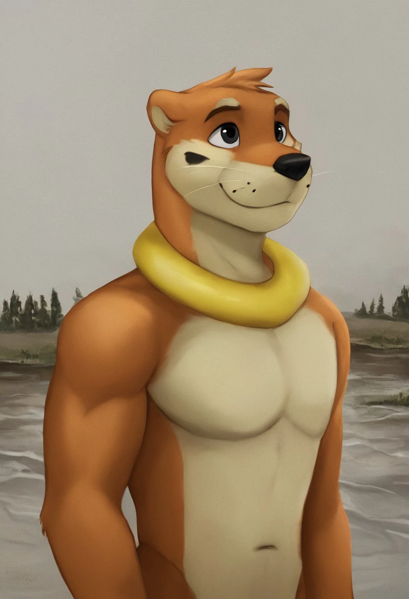 Buizel[PKM], orange body, orange fur, water float around neck, thins on arms, yellow belly, yellow face markings, black eyes, black facial markings, two tails, twin tails, fox, fox like, (Male Anthro Otter:1.5)
Solo, alone, by himself, 1boy, male.
naked, nude, 
bara, bara body, muscles. (bara body), (orange body:1.1),
HD, digital painting, digital art, masterpiece.
Headshot, head focus, close to face, closeup, bustshot.
Happy emotion, happy. 
Outside, battlefield, ww1. (outside:1.1) 
HD, digital painting, digital art, masterpiece ((headshot)), digital drawing (artwork), digital media (artwork), hi res.  negative_hand. PLNA[Style], Art by PLNA[Style], furry, furry art, cartoon like, anthro,