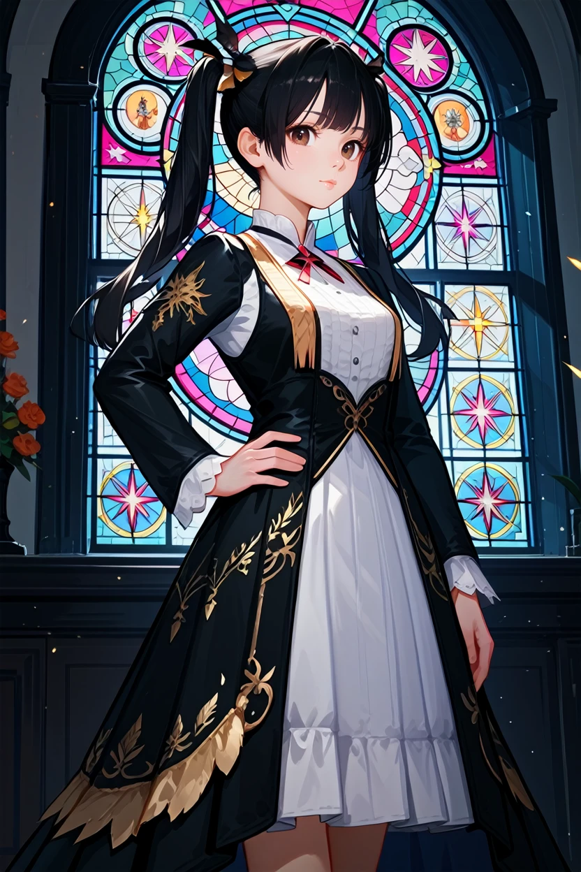 score_9, score_8_up, score_7_up, 
<lora:TKXiaoyu:0.8>
TKXiaoyu, 1girl, twin tails, black hair, brown eyes, looking at viewer, mysterious gaze, standing, one hand on hip, gothic cathedral, stained glass windows, twilight