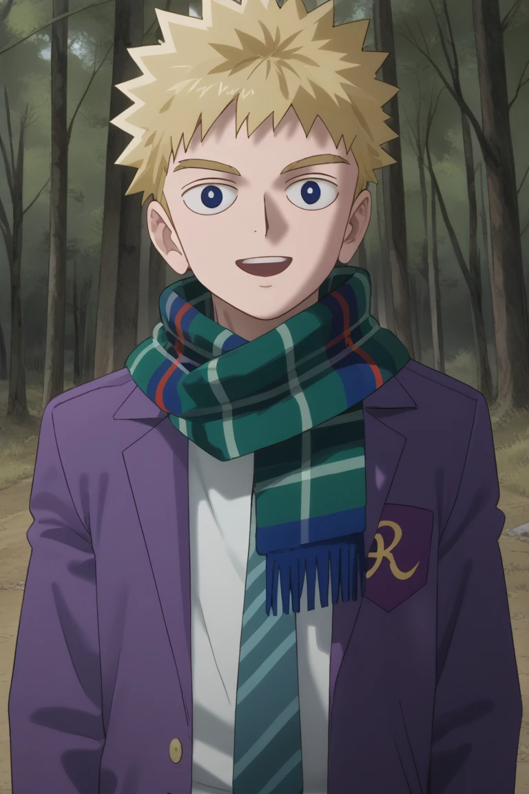 score_9,score_8_up, score_7_up, score_6_up,
hanazawa teruki, blonde hair, blue eyes, 1boy, male focus, scarf, solo, tree, smile, nature, forest, official style, looking at viewer, parody, spiked hair, outdoors, jacket, open mouth, school uniform, upper body, anime coloring, fake screenshot, necktie, green scarf, striped