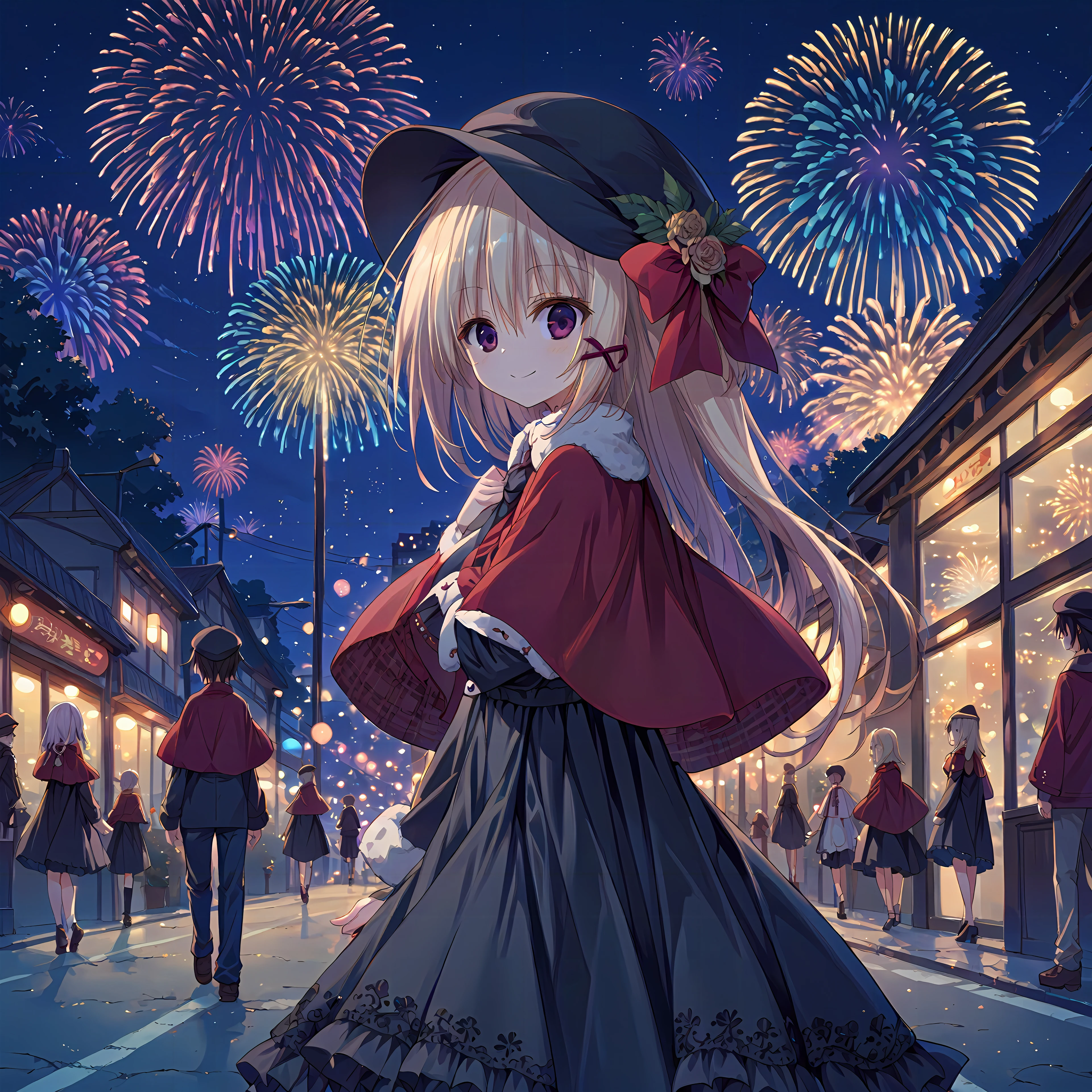 score_9,score_8_up,score_7_up,source_anime,1girl,natsume shizuku,<lora:Natsume_ShizukuXL:1>,sitting,black dress,long hair,hat,red capelet,walking on street,<lora:night-XL:1>,night,fireworks,smile,dynamic angle,from below,from side,lens flare,