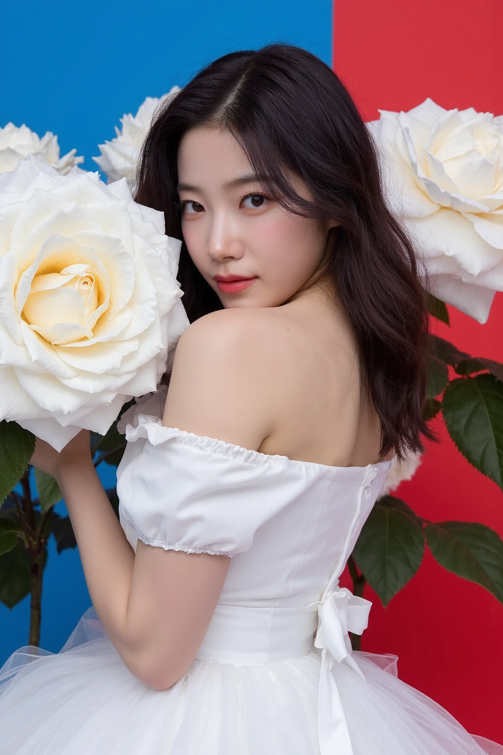 The image showcases a young Japanese woman. She is positioned against a strikingly vibrant red and blue background, which is filled with large white roses. The roses dominate the composition, adding a dramatic and intense contrast to her skin tone and overall appearance.
The woman is dressed in white ballerina dress, which drapes softly over her shoulders, leaving her upper back and one shoulder exposed. Her expression is calm and slightly mysterious, with her gaze directed slightly to the side, away from the camera. The large roses, some of which overlap with her figure, create a dreamy and surreal atmosphere, as if she is blending into or emerging from the floral background., <lora:flux_realism_lora:1>, <lora:makinaflux_kazuha_v1.0:1>