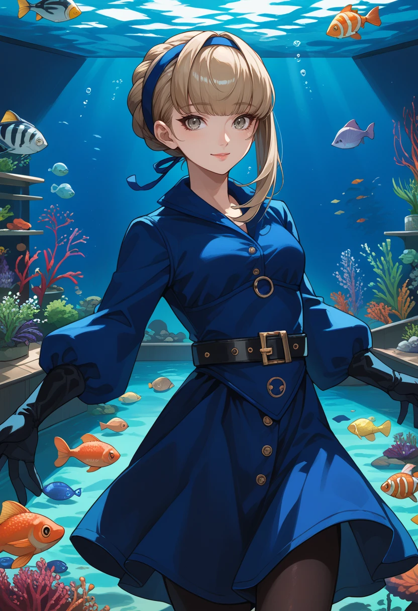 score_9, score_8_up, score_7_up, source_anime, 1girl, aquarium, smile, dynamic pose
 <lora:zs_MeropeV2XL:1> meropep5x, blonde hair, hairband, braid, bangs, grey eyes, blue shirt, belt, black gloves, long blue skirt, black pantyhose