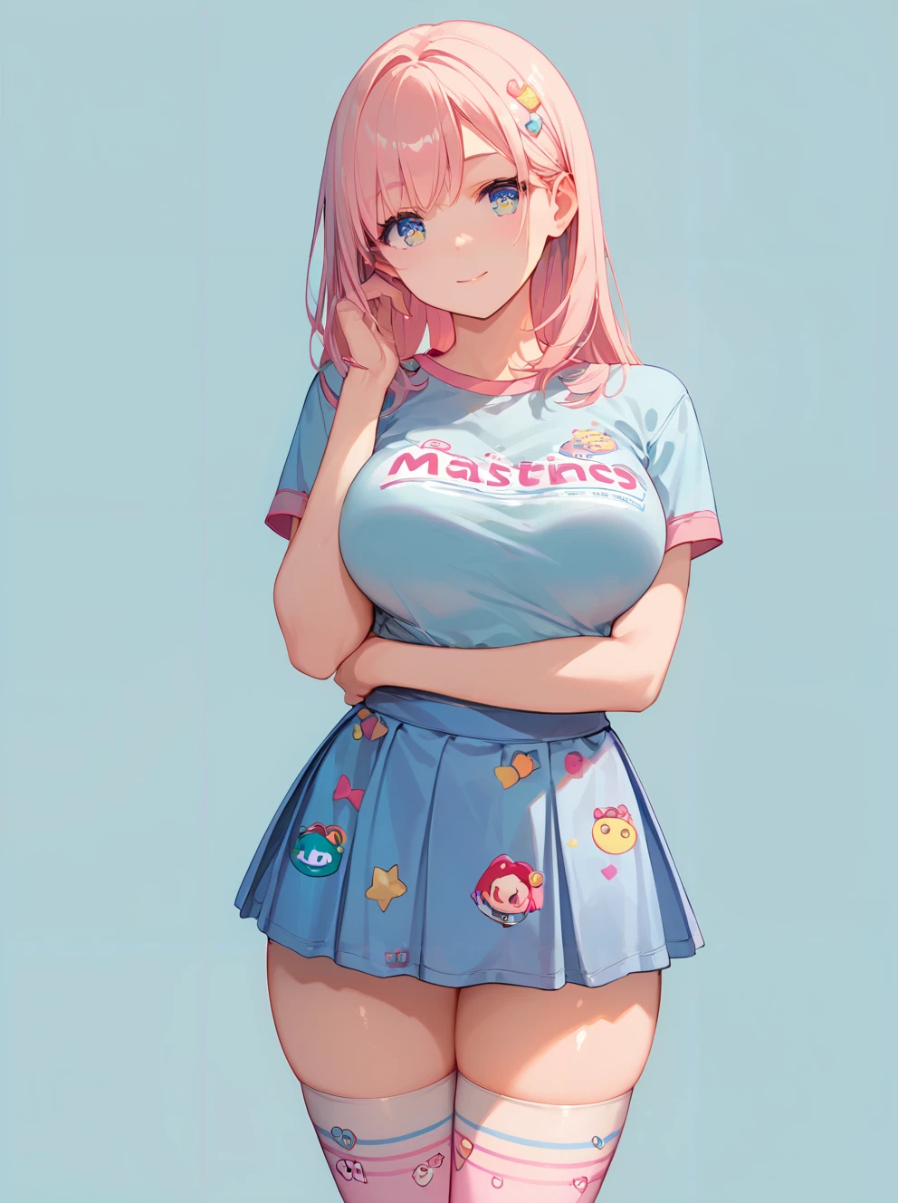 score_9, score_8_up, score_7_up,source_anime, high res image,masterpiece,best quality,(woman.big breasts:1.0),cute face,clear skin,shiny hair,ultra detailed eyes,simple background,   <lora:jyojifuku_pony_V2.1:0.8> jyojifuku, print clothes,pastel color clothes, shirt, skirt, thighhighs,standing