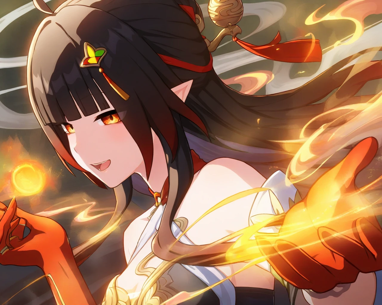 1girl, lingsha, red limbs, orange eyes, black hair, multicolored hair, long hair, bangs, pointy ears, chinese clothes,
smile, upper body, open mouth, smoke,
 <lora:lingsha_reisa_illustrious_loraplus:0.9>, (masterpiece), best quality, amazing quality, very aesthetic, absurdres,