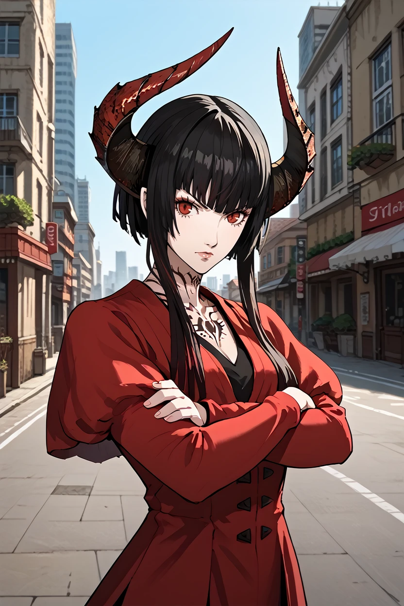 score_9, score_8_up, score_7_up,
<lora:TKNEliza:0.8>
TKNEliza, solo, 1girl, black hair, demon horns, tattoo, red eyes, looking at viewer, looking at viewer, serious, standing, arms crossed, outside, city, street