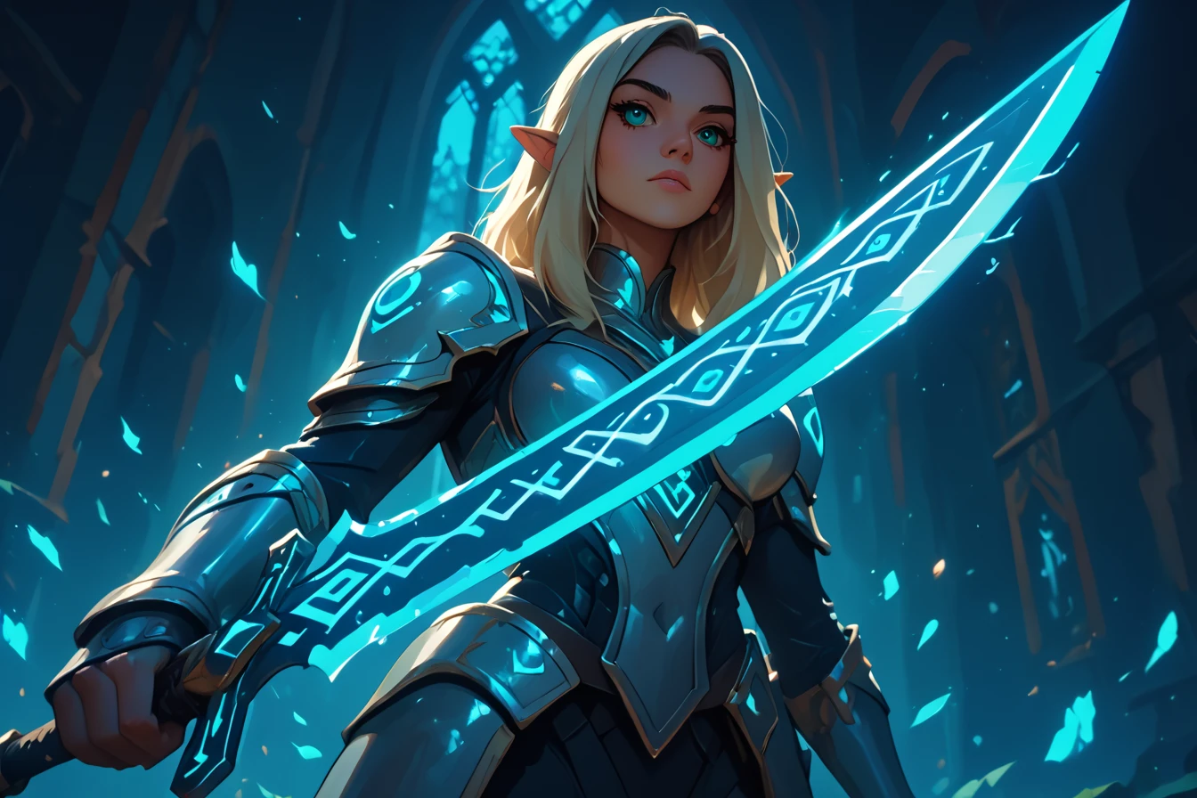 score_9, score_8_up, score_7_up, upscale 2x, (cinematic shot of A beautiful elf princess wearing silver armor, holding a sword, the blade is outlined in blue and silver glowing and had glowing symbols along the blade, magical castle in background, runesword, close up focus on the sword:1.2)