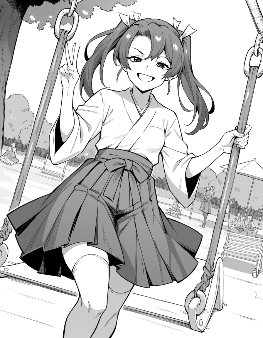 score_9, score_8_up, score_7_up, source_anime, <lora:gaffe-takaman-zuikaku-manga-ponyxl-lora-nochekaiser:1>, zuikaku, ribbon, twintails, monochrome, hair ribbon, greyscale, small breasts, mature female,, skirt, thighhighs, japanese clothes, hakama, hakama skirt, hakama short skirt,, public park, playground, swing set, laughter, sunny day, smile, looking at viewer, v, v over mouth, smug,, solo,, cowboy shot, dutch angle