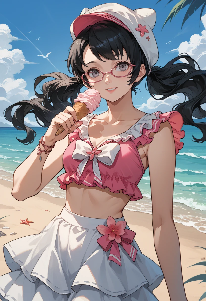 score_9, score_8_up, score_7_up, source_anime, 1girl, beach, blue sky, looking at viewer, smile, holding ice cream
<lora:zs_P5TomokoXL:1> tomokobeachp5x, black hair, long hair, twintails, grey eyes, hat, pink bikini, frilled bikini, jewelry, white skirt, frilled skirt