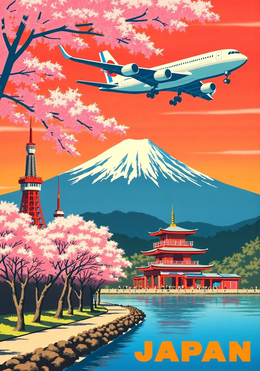 A travel poster for Japan, showcasing Sakura Airlines. The design highlights the stunning cherry blossoms in full bloom surrounding iconic landmarks like the Tokyo Tower and Mount Fuji. A sleek aircraft flies abov