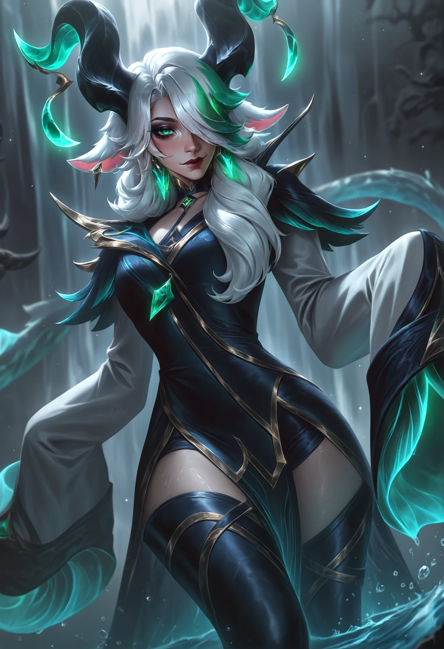 best quality, masterpiece \(quality\), L0LSPL4SH, year2024, year2023, West Studio, sixmorevodka, 1girl, green eyes, white hair, long hair, curled horns, black horns, blurry foreground, blurry background, water, pelvic curtain, thigh boots, sleeves past fingers, choker, hair over one eye, looking at viewer, <lora:L0LSPL4SH_IllustriousXLv01:1>