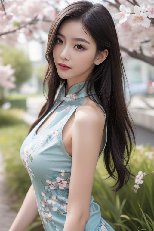 ltra-detailed,highly detailed,best quality,masterpiece,illustration, drawing, realistic, photorealistic,
qipao, 1girl, solo, 
chinese clothes, china dress, see-through dress, 
long hair, bangs, 
looking at viewer, upper body, 
outdoors, nature, grass, cherry blossoms, wind, falling petals, 
 <lora:qipao_v3_06:0.9>