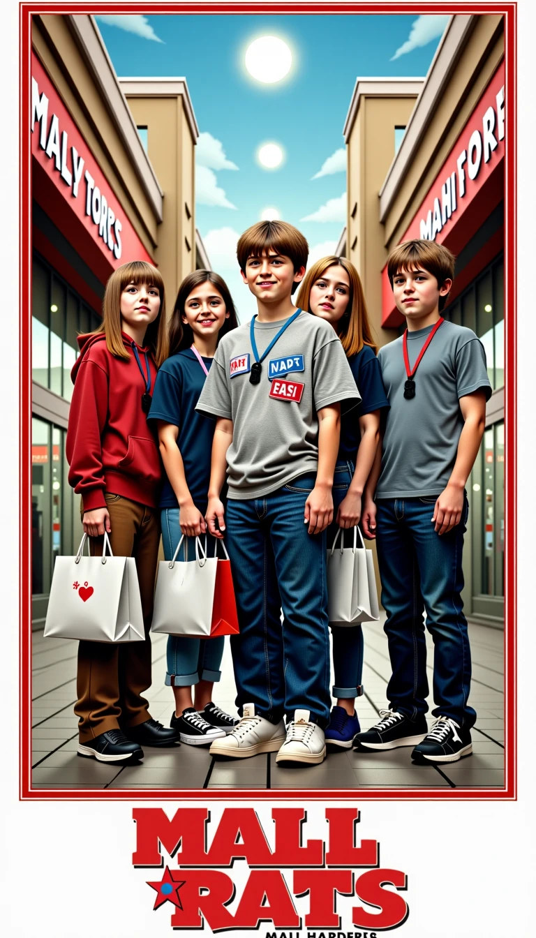 <lora:EverlyHeightCoverArtFLUX:1> "Mall Rats 2: Mall Harder!" A spoof of mall-centered teen comedies showing a group of 90s kids hanging out in front of their favorite stores with oversized shopping bags and pagers.