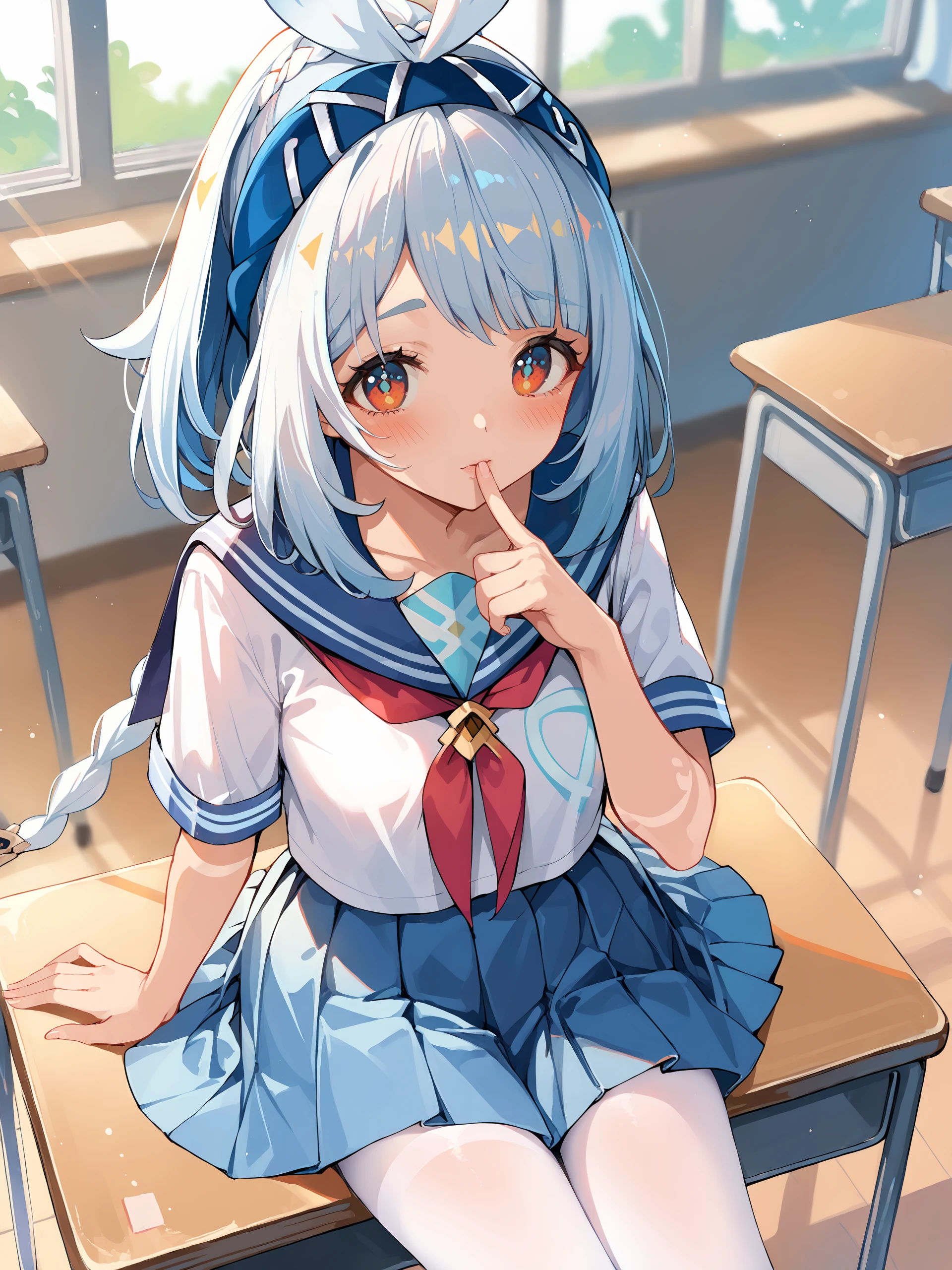 1girl, mualani \(genshin impact\), bow hairband, body paint, cowboy shot, shy, blush, serafuku, sailor collar, pleated skirt, white pantyhose, classroom, window, backlighting, sitting on school desk, depth of field, from above, finger to mouth <lora:Char-Genshin-Mualani-V1-Pony:0.9>, score_9, score_8_up, score_7_up, source_anime