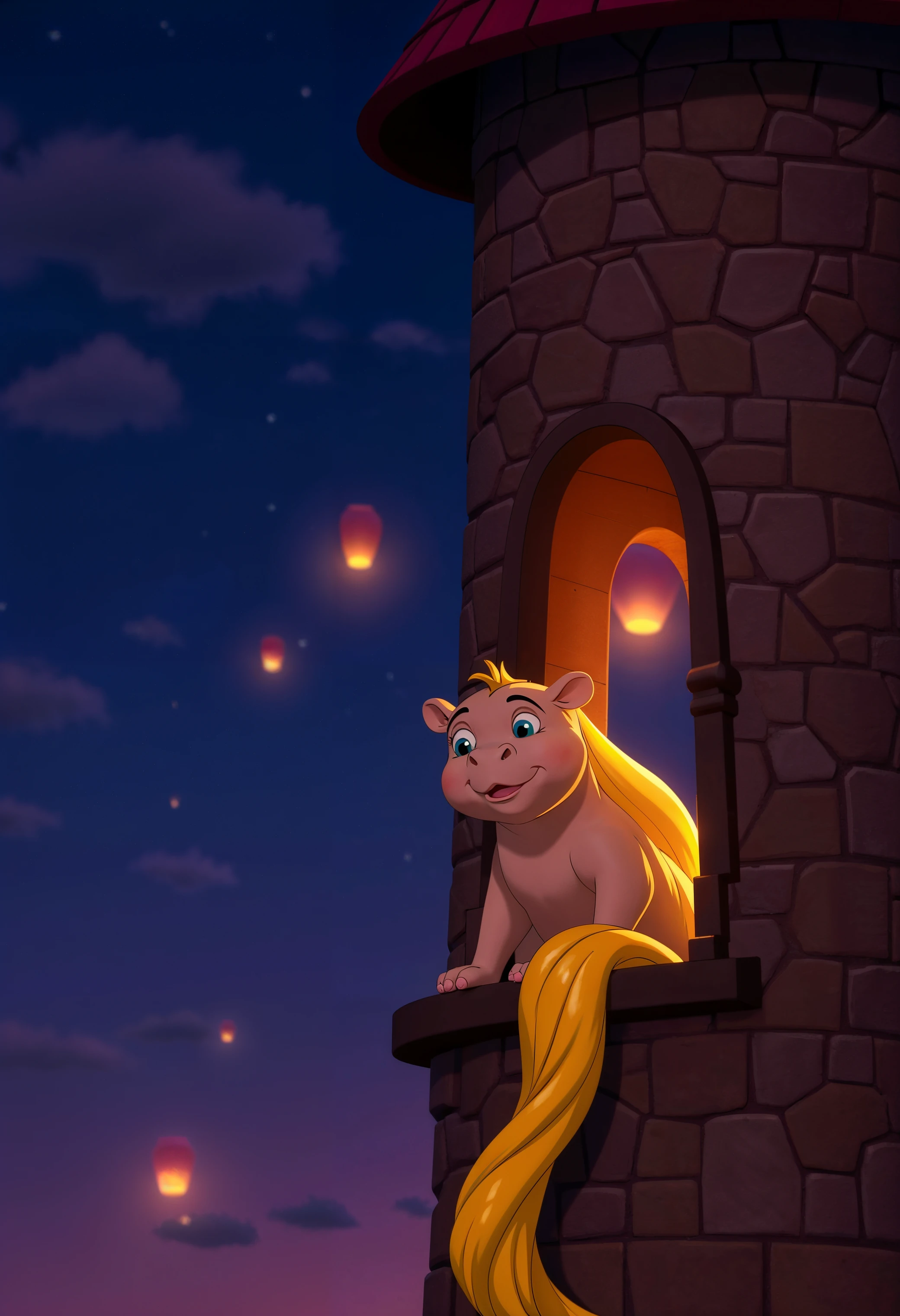 In Tangled, a moo deng baby hippopotamus takes Rapunzel’s place, sitting by the window of a tall tower, with golden hair flowing down the tower’s walls. The lanterns float in the night sky, and the scene captures the Disney style with bright colors and a whimsical, adventurous atmosphere.