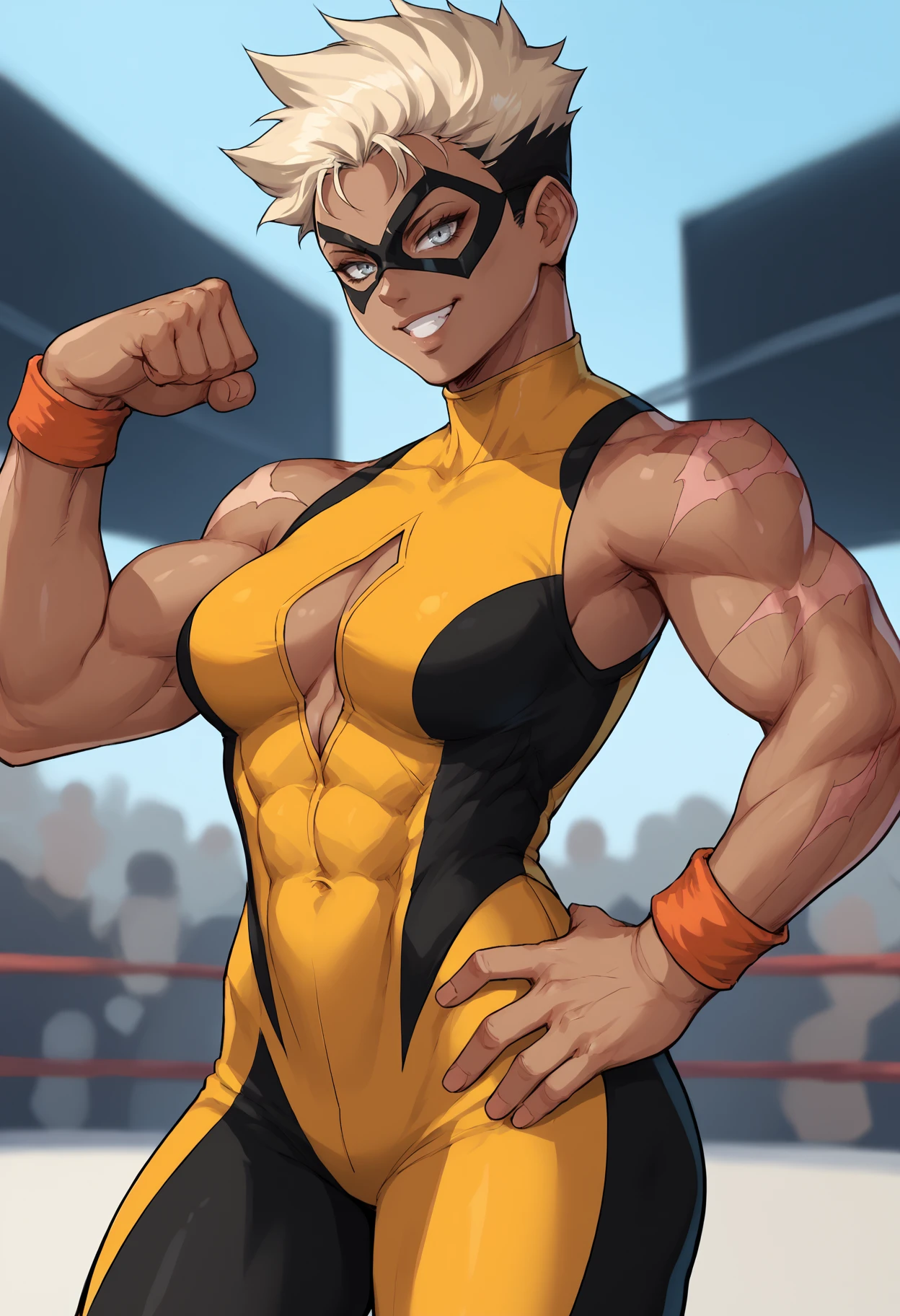 score_9, score_8_up, score_7_up, 1girl, krissgt, dark-skinned female, eyebrows, grey eyes, very short hair, two-tone hair, scar on arm, scar on leg, large breasts, toned, abs,
wrestling outfit, domino mask, two-tone bodysuit, orange bodysuit, yellow bodysuit, orange wristband, center opening, center cutout,
looking at viewer, smile, flexing, hand on hip,
outdoors, 
<lora:Kris-SgtCrisis-PDXL_V1-Manityro-CAME:1.0>,