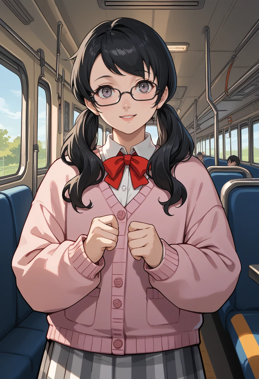 score_9, score_8_up, score_7_up, source_anime, cowboy shot, inside train, looking at viewer, smile
<lora:zs_P5TomokoXL:1> tomokop5x, black hair, long hair, twintails, grey eyes, pink cardigan, white shirt, red ribbon, grey skirt,